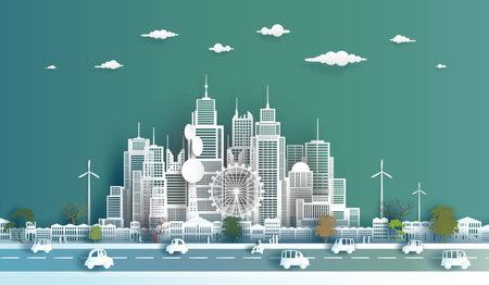 Modern economic city clean in downtown skyscraper background, Eco cityscape building futuristic skyline panorama view, Vector illustration design network communication in city on blue background.のイラスト素材