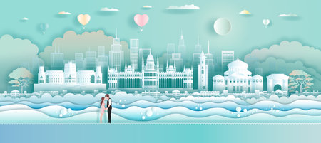 Travel Romania landmarks europe with love balloons and couple in paper art,  Origami, paper cut design.Travel Romania and tour Bucharest in europe ancient architecture. Vector illustration.のイラスト素材