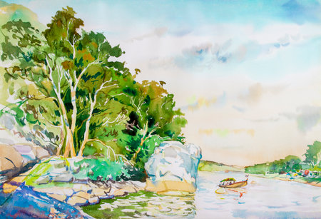Watercolor landscape original painting on paper colorful of passenger ships in river and  beauty in nature  season, emotion in sky cloud background.の写真素材