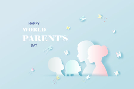 Happy National World Parents Day with Mom and Father, Children's and Butterfly, Love of Father and Mother for Children, Vector Illustration Template Design in Blue Background. For World Parents Day.のイラスト素材