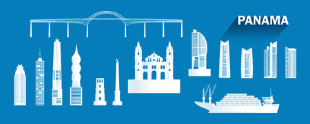 Travel landmarks Panama with isolated silhouette architecture on blue background, Panama architecture icon and symbol with tour america landmark to ship for brochure, advertisement, template.のイラスト素材