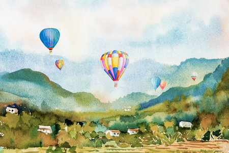 Watercolor landscape painting colorful of hot air balloon on village, mountain in the Panorama view and outdoor emotion rural society, nature spring in sky background. Hand paint abstract illustrationの写真素材