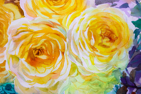 Painting flora art watercolor  original  illustration yellow color of roses and emotion beauty in nature  season or abstract  background. Hand painted, Greeting cards on special occasions.の写真素材