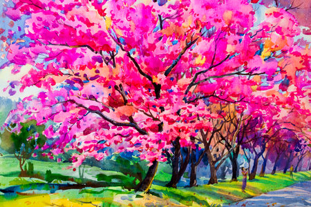 Watercolor painting original pink color flowers of the girl photographed in a flower garden with Wild himalayan cherry and the tourist in winter season, sky cloud background.の写真素材
