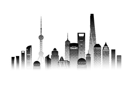 Travel architecture silhouette in Shanghai with black halftone style. Tour Shanghai architectural famous landmarks of China in Asia on white background. Tour China with silhouette city capital.のイラスト素材