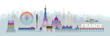 Travel architecture silhouette in France, paris, seine with colorful halftone style. Tour France architectural famous landmarks of europe  on white background. Vector illustration in halftone style.のイラスト素材