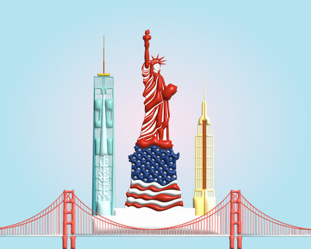Architecture landmark in America symbol and icon of san francisco and new york. Beautiful building architecture colorful in 3d render vector illustration. Travel landmark of the world in America.のイラスト素材