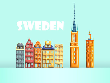 Sweden landmark in stockholm symbol and icon of swedish. Beautiful  building architecture colorful in 3d render vector illustration. Travel landmark of the world in Sweden.のイラスト素材