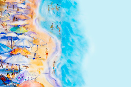 Abstract watercolor seascape painting colorful of family vacation and tourism in an atmosphere of fun summer on blue background.の写真素材