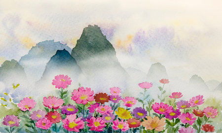 Beautiful bright daisies in the winter landscape with rocky mountains in the background. Watercolor on paper illustration for greeting cards, valentines, festive, decorations, wall art.の写真素材