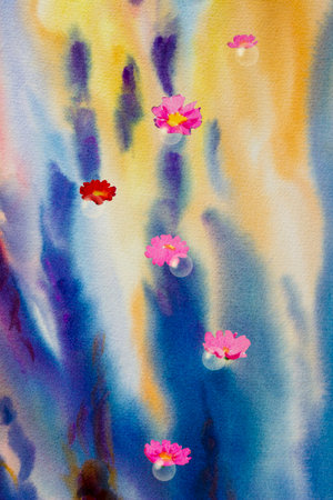 Painting art flowers sponge fantasy abstract wallpaper illustration. Watercolor paintings daisy pink in bubbles, brush strokes background, modern art, contemporary art, colorful textured, wall art.の写真素材