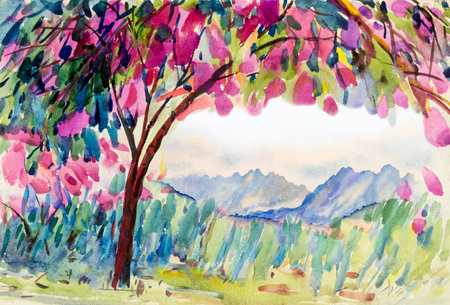 Watercolor landscape painting panorama of natural beauty colorful flowers tree and mountain forest with sky cloud  background in nature spring season. Painted impressionist, illustration imageの写真素材