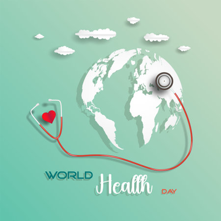 Health world day 2024, Vector illustration sign symbol poster concept design on green with world map and stethoscope. World Health Day is a global health awareness day celebrated, Design Template.のイラスト素材