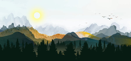 Minimal landscape art with painting brush background. Landscape hills abstract watercolor paintings background with birds, Vector abstract for wallpaper prints, Decoration, wall arts, canvas prints.のイラスト素材