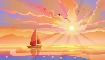 Beautiful seascape reflect purple sunset with tourist in boat. Panorama seascape and lake view. Exotic scenery. Panoramic view. Landscape mountain with pink, purple, yellow sky for wallpaper background.のイラスト素材