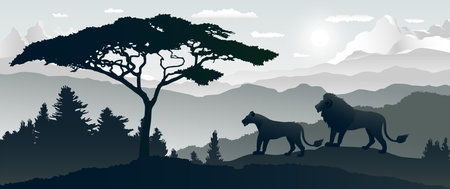 Lion family silhouettes, Vector illustration africa panorama landscape of forest with Lions family silhouettes on mountain hills background. Panoramic woodland pine forest in mountain range wallpaper.のイラスト素材