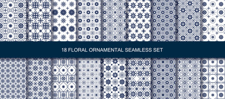 Oriental patterns seamless vintage 18 set in blue, Asia of India, Turkish, Persia, Arabic and Ottoman decorative background. Arabic ornaments. Patterns, backgrounds and wallpapers for your design.のイラスト素材