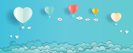 Romantic love illustration of lover, Paper origami balloons flying with heart float on blue background. paper cut, paper art and digital craft style, Vector illustration.のイラスト素材
