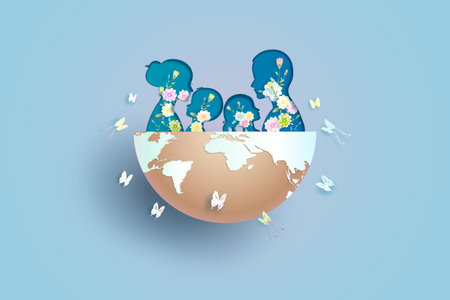 Happy National World family Day with Mom and Father, Children's and Butterfly, Love of Father and Mother for Children, Vector Illustration Template Design paper cut. For World Parents Day.のイラスト素材