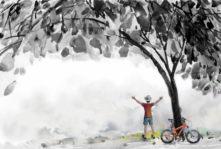 The young man stood with his arms outstretched happily with bicycle under a big tree. Abstract watercolor landscape paintings on paper with sky, cloud background. Hand painted beauty nature seasonの写真素材