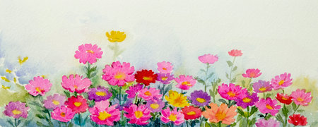 Watercolor landscape paintings colorful of field of pink daisies garden natural with copy space background. Beautiful nature spring season. Painted impressionist, illustration abstract image.の写真素材