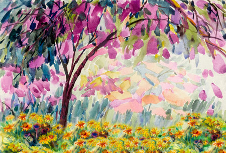 Watercolor landscape painting panorama of natural beauty colorful flowers tree and field of daisies with sky background in nature spring season. Painted impressionist, illustration imageの写真素材