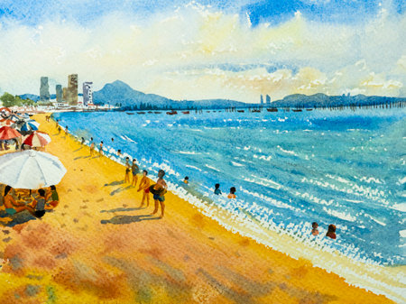 Travel scenery - Watercolor painting seascape colorful of tourism ocean beach wave, mountain cloud sky background. Sea with summer season illustration, abstract image.の写真素材