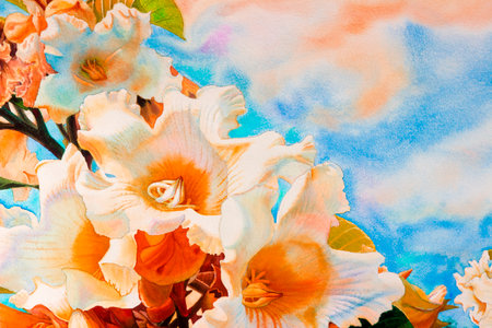 Watercolor landscape paintings original realistic, colorful of Herald trumpet flowers in blue sky background. Hand painted with beauty nature winter season.の写真素材