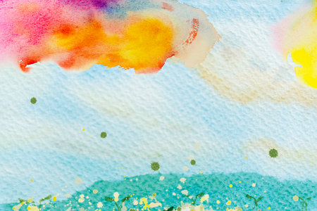 Bright watercolor paintings yellow- pink- blue brush stroke. Abstract illustration colorful on paper with texture background. Banner for text, grunge element for decoration.の写真素材