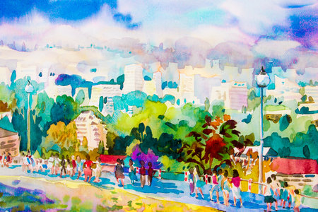 Watercolor landscape original painting colorful of view on hill and building in the city sky, cloud backgroundの写真素材