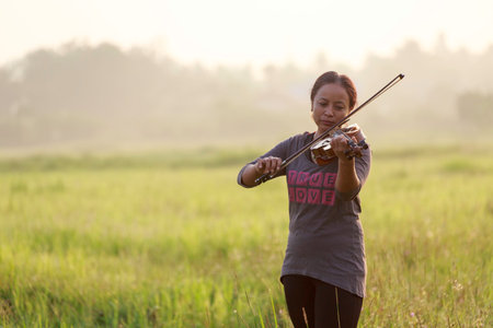 an asian woman is playing violin on the rice field in sunshineの写真素材