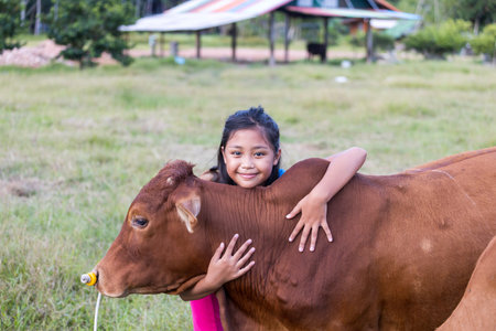 An Asian girl lovingly hugs her cow in a ranch. The concept of animal love.の写真素材