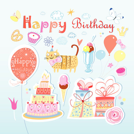 beautiful colorful set of different elements to the birthday on a light backgroundのイラスト素材