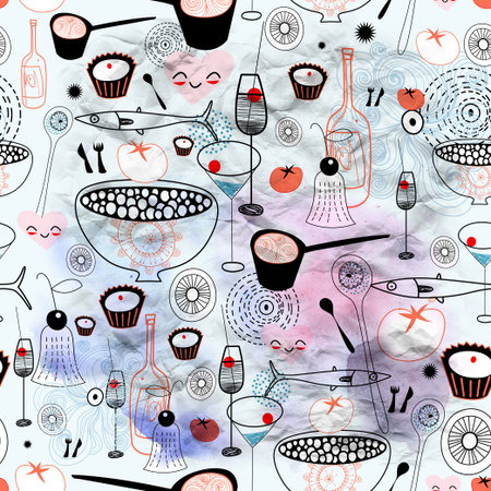 Seamless graphic pattern of food and drink on blue watercolor backgroundの写真素材