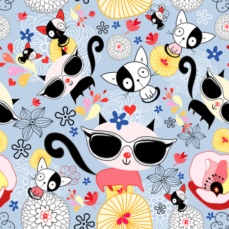 Seamless floral pattern with kittens on blue violet backgroundのイラスト素材