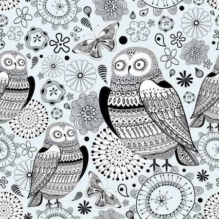Seamless graphic pattern of the beautiful owls and butterflies on a blue backgroundのイラスト素材