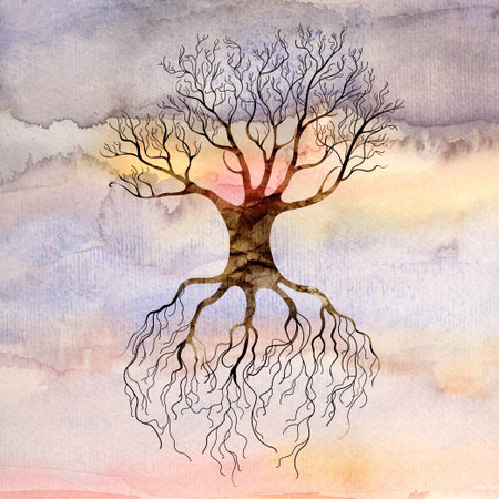 beautiful tree on watercolor background of the sky with cloudsの写真素材