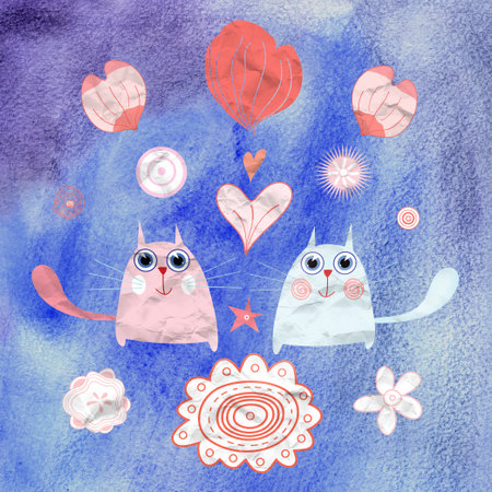 funny love cats on a blue watercolor backgroundの写真素材
