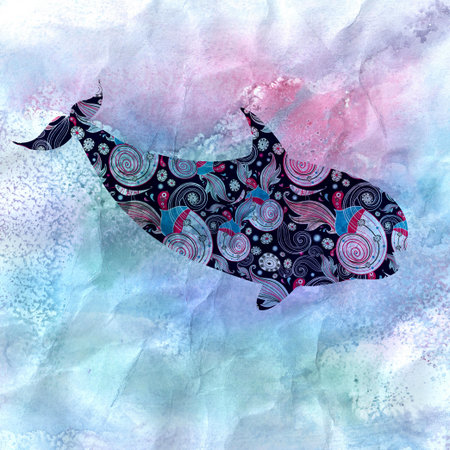 beautiful decorative silhouette of whales on watercolor backgroundの写真素材