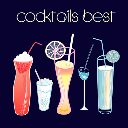set of bright alcoholic cocktails on a dark blue backgroundのイラスト素材