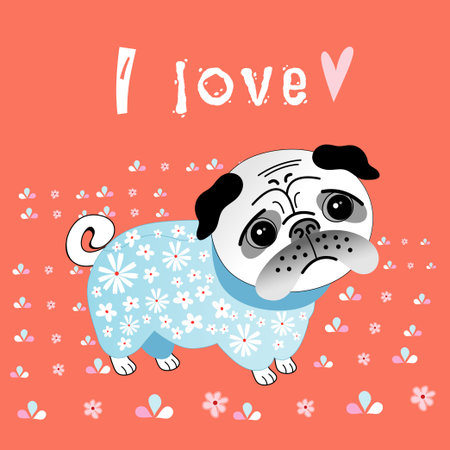 funny graphic pug lover on a red background with flowersのイラスト素材
