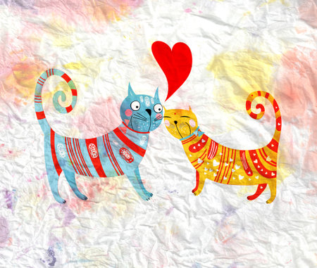 bright fun loving cats on a watercolor background of crumpled paperの写真素材