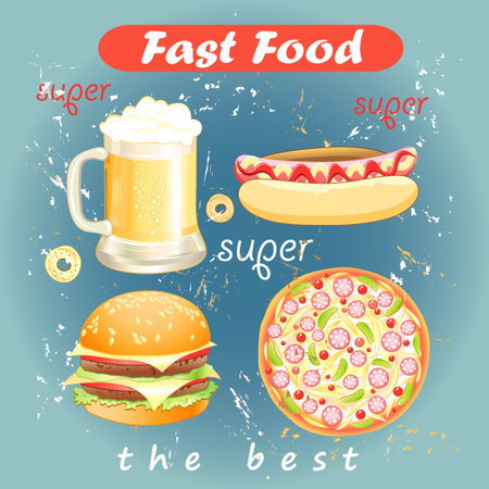 Colorful set of fast food meals and drinks on a blue background agedのイラスト素材