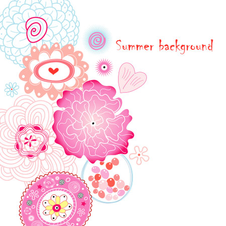 Bright beautiful summer background with different flowers and berriesのイラスト素材