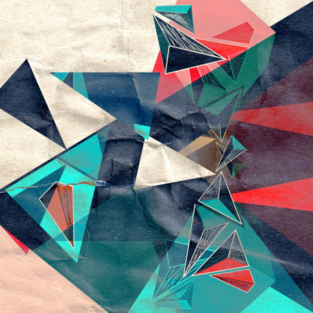 Bright unusual background with different abstract elements on a crumpled paper