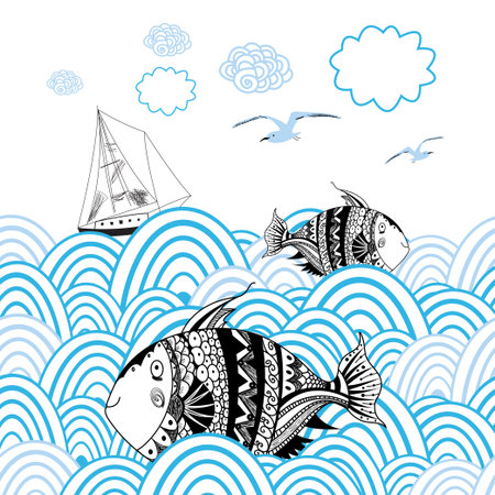 graphic card with marine fish and boat on the background with wavesのイラスト素材