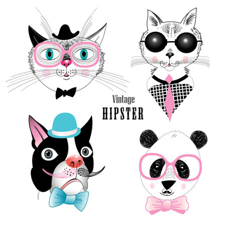 graphic funny set of different animals hipster on a white backgroundのイラスト素材