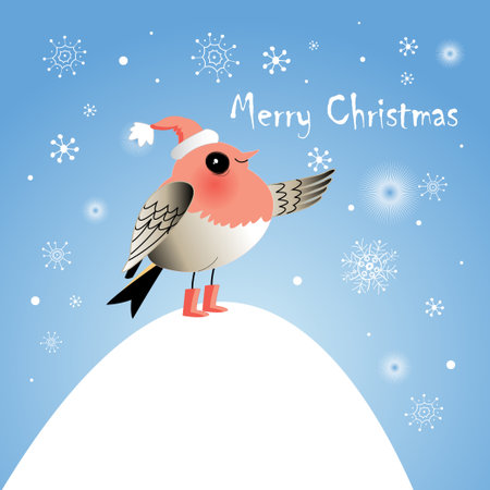 Funny Christmas bird on a bright blue background with snowflakesのイラスト素材