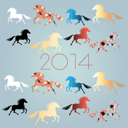 bright festive New Year's background with horses on a light blue backgroundのイラスト素材