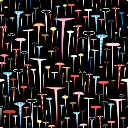 seamless abstract multicolored graphic pattern of nails on a black backgroundのイラスト素材
